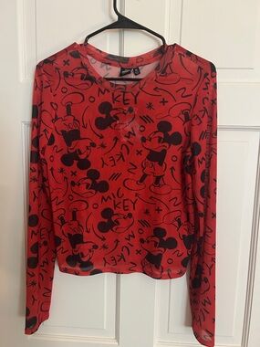 Juniors Size Red Mickey Mouse Graphic Long Sleeve Top
